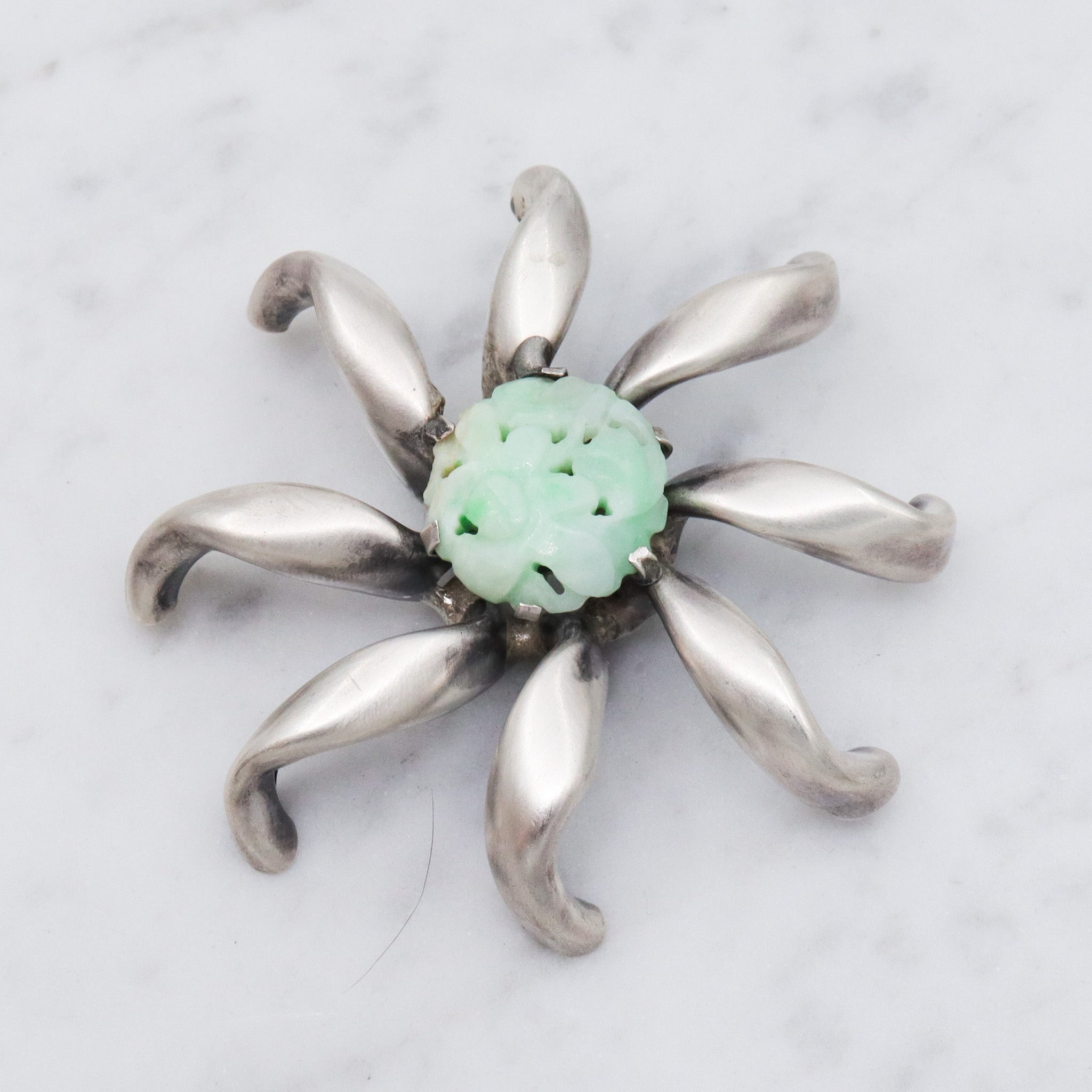 Antique Art Deco sterling silver Chinese carved jade flower pendant